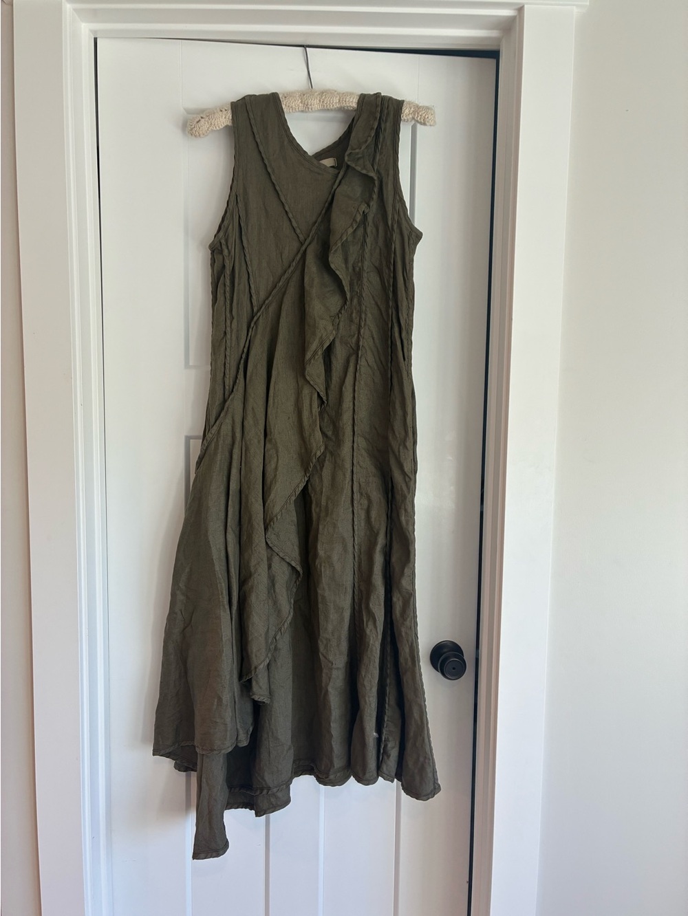 Cynthia Ashby Linen maxi tank dress ruffle wrap front boho olive green XS